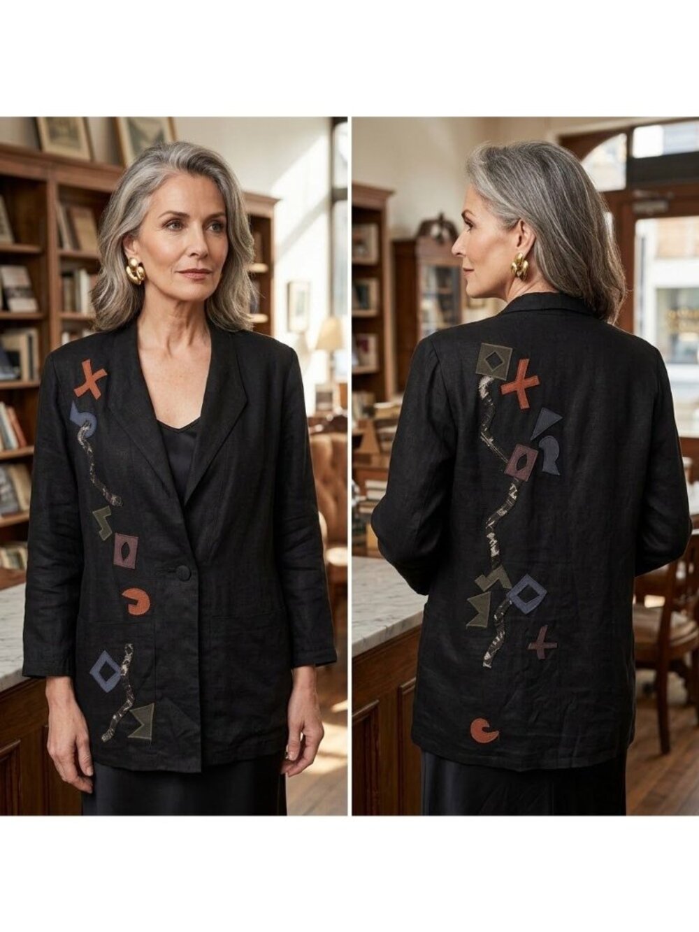 Vintage 90s Beppa XS Black Linen Lagenlook Blazer Jacket Art to Wear Applique